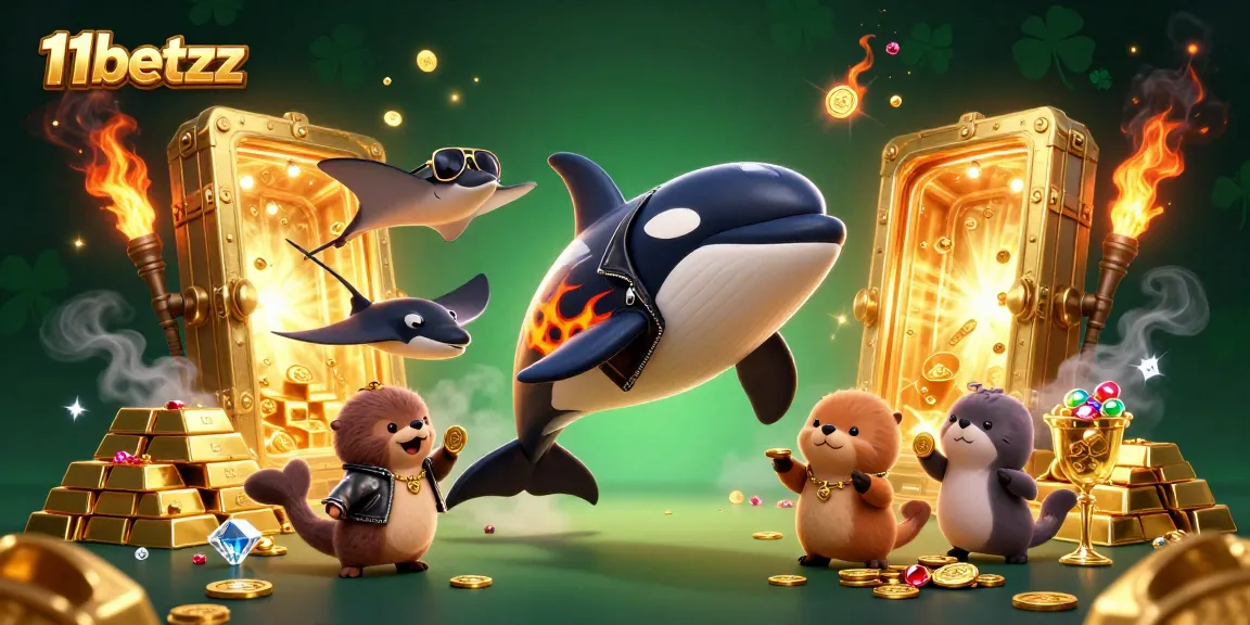Experience excitement with the 11betzz casino illustration featuring dynamic characters and golden treasures.