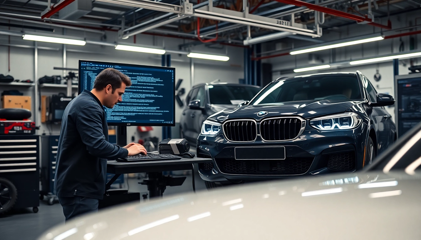 BMW Codierer analysiert Fahrzeugdaten in einer modernen Werkstatt.