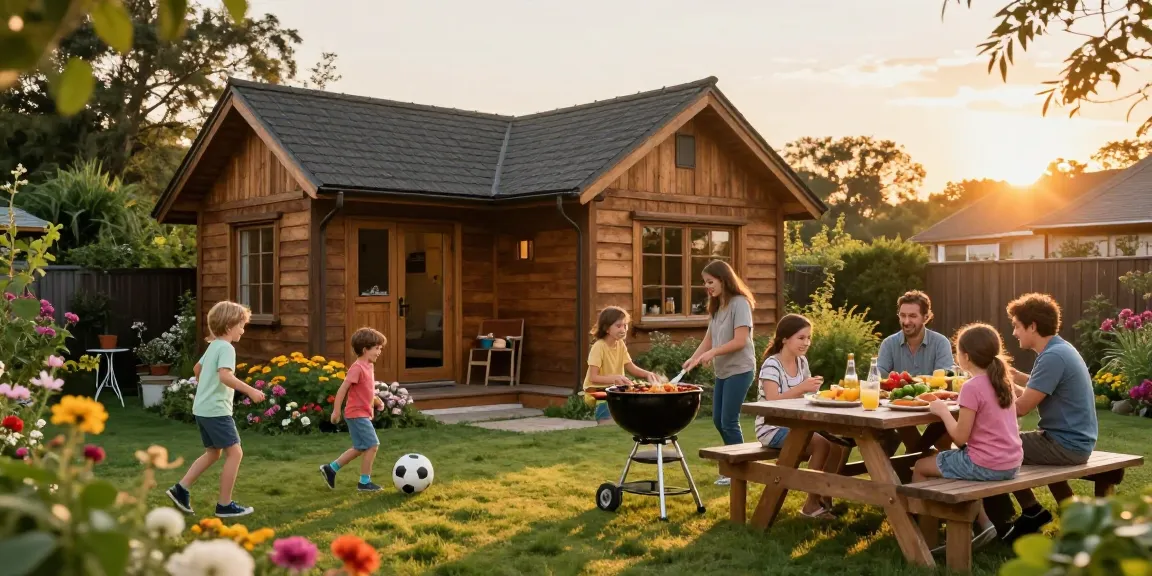 Familie genießt den Abend im Gartenhaus, während sie ein Gartenhaus kaufen.