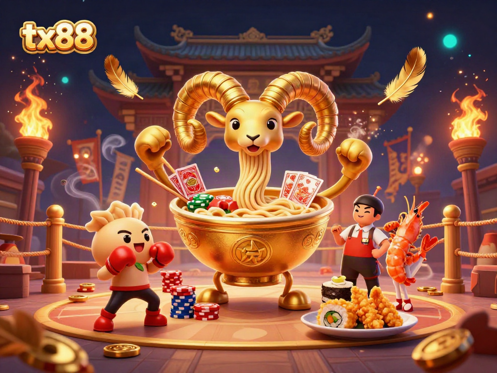 Experience the thrilling action of betting at tx88 with a golden ramen bowl dealer and vibrant characters.