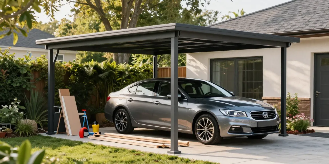 Moderner Carport schützt elegantes Auto in grünem Garten