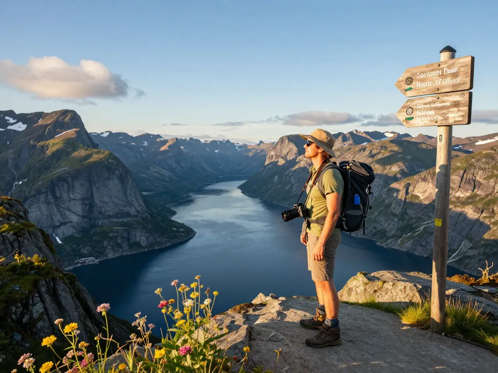 Skandinavien Reisetipps: Reisender an einem Fjordblickpunkt in Norwegen, der die natürliche Schönheit und Abenteuer des Sommers zeigt.