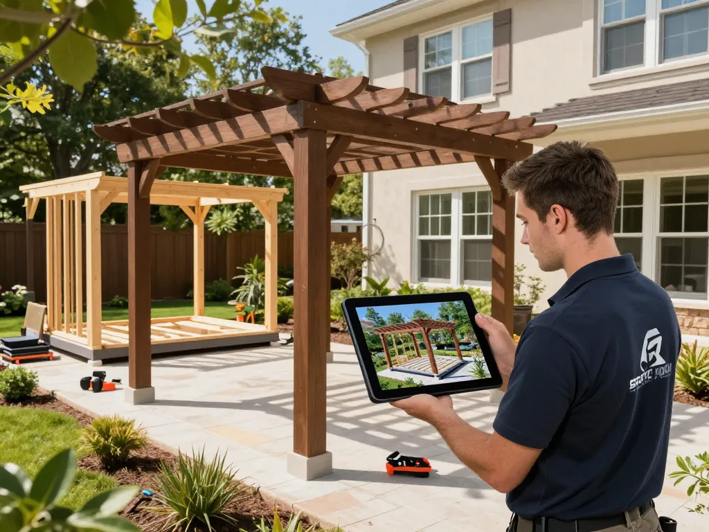 Installateur, der Software für Pergola-Installateure auf einem Tablet verwendet, um eine maßgeschneiderte Pergola in einem ruhigen Garten zu entwerfen.