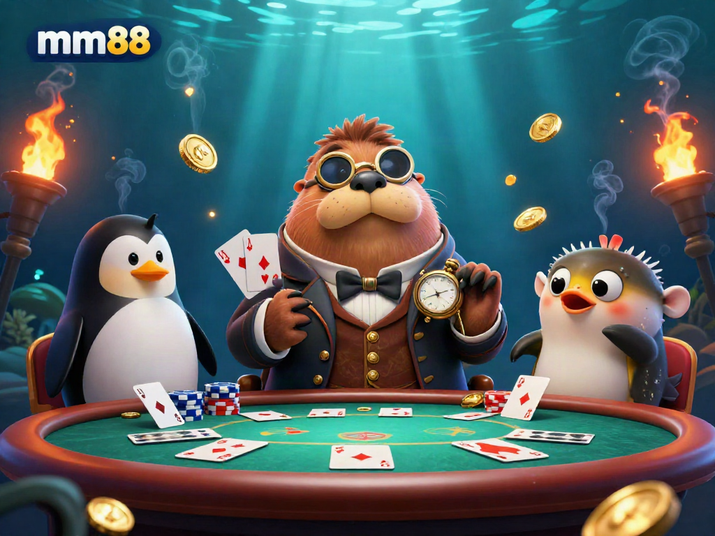 Experience the excitement of mm88 with a playful underwater poker scene featuring whimsical characters and vibrant casino elements.