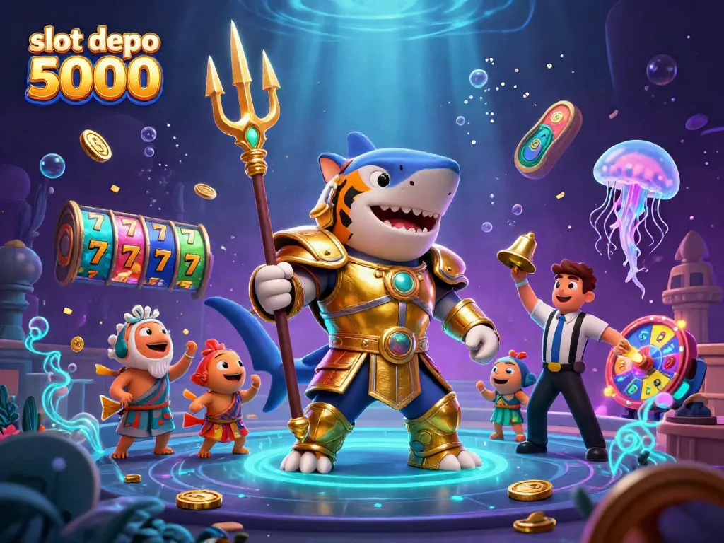 Experience thrilling action at slot depo 5000 with vibrant 3D illustration of a golden tiger shark in an underwater casino.