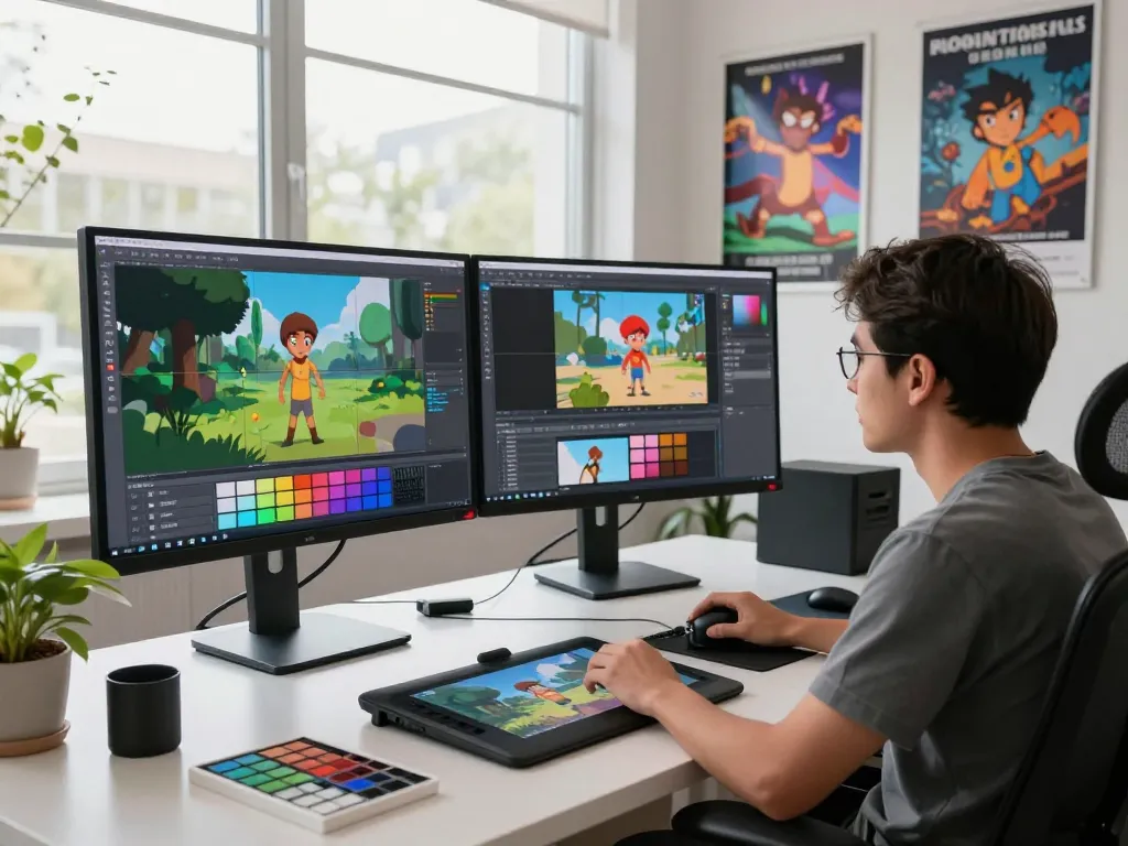 Kling 2.6 motion control software in action at a modern animation studio, showcasing animated character sequences and creative tools.