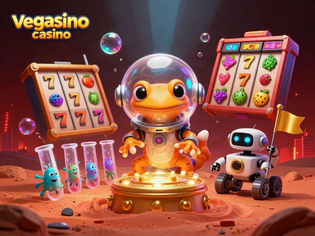 Experience the vegasino casino with Martian characters celebrating amidst golden gaming treasures and vibrant decorations.