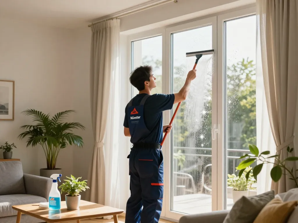 Fachkundiger professioneller Fensterputzer in Münster, der funkelnende Fenster in einem hellen Wohnzimmer reinigt.