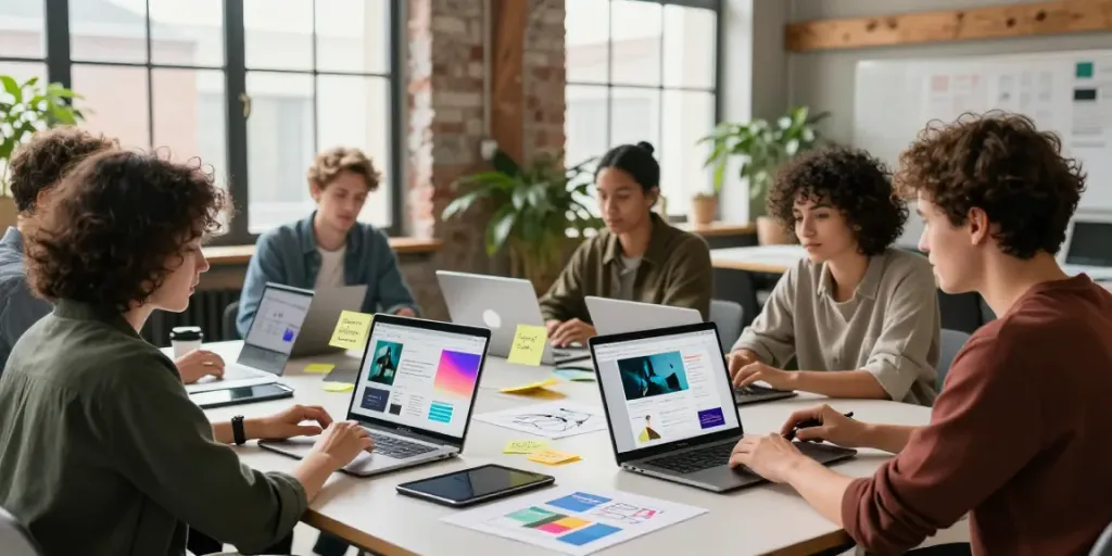 Professionelles Webdesign Saarland: kreative Teamarbeit in modernem Büro mit Laptop und Skizzen.
