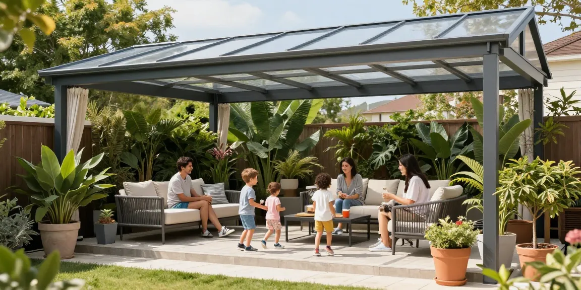 Moderne Terrassenüberdachung mit Familie im Garten genießen