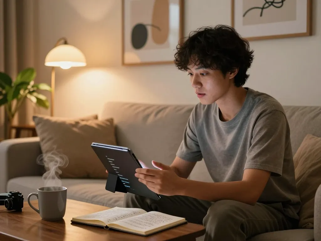 Engaging in a sex ai chat on a tablet in a cozy home environment, person enjoying intimate conversation with an AI chatbot.