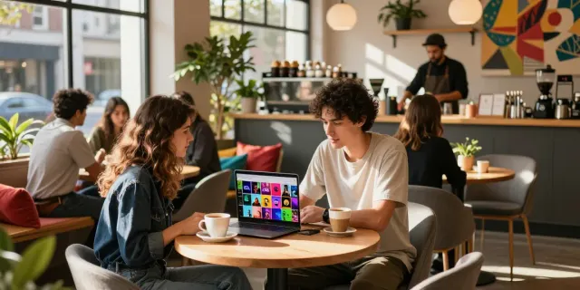 Young adults enjoying coffee while discussing the rokok88 link in a trendy café.