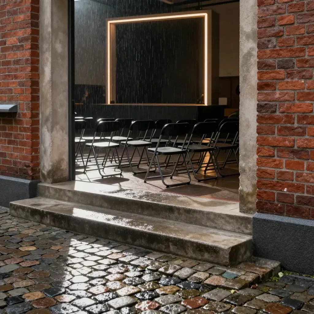 Berliner Eventfoyer mit Backstein, Betonstufen, Klappstühlen und glimmendem Bühnenrahmen im Regen.