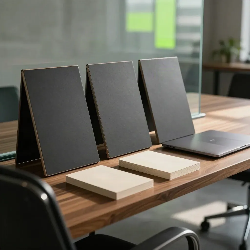 Drei Pitch-Boards, Laptop und Kartenstapel neben einem Konferenzstuhl im Morgenlicht.