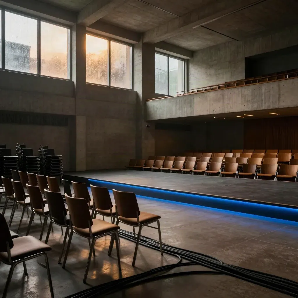 Leerer Keynote-Saal in Berliner Betonvenue mit Stuhltürmen und blauem Bühnenrand