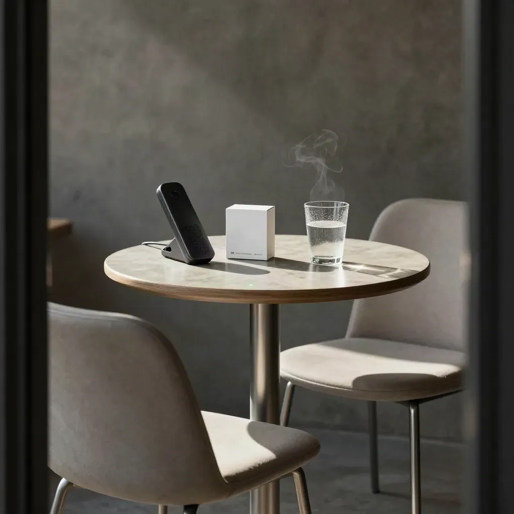 Vorbereiteter Meetingtisch mit zwei Stühlen, Speakerphone, Produktkarton und Wasserglas.