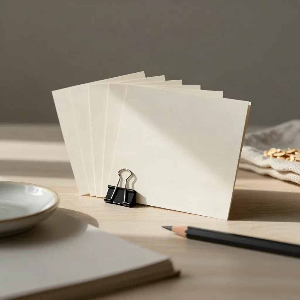 Präsentationskarten mit Binderklammer, Stift und Keramikschale auf hellem Holz.