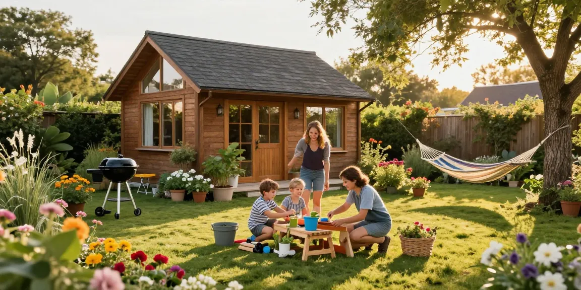 Gartenhäuser in einem schönen Garten mit lebhaften Blumen und einer Familie, die Gartenmöbel zusammenstellt.