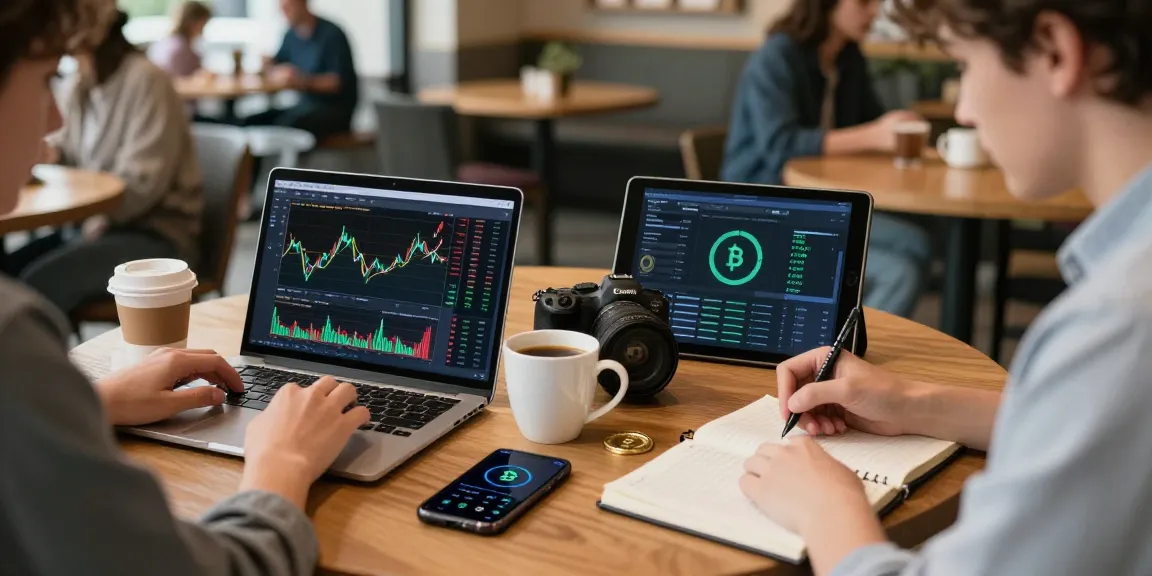 Hitpaw Edimakor zur Analyse von Bitcoin-Kursen in einem modernen Café, umgeben von Technologie und Kreativität.