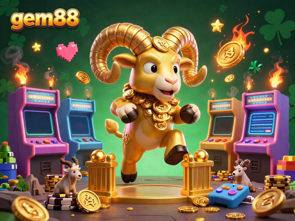 Experience the dynamic action of gem88 with a golden ram charging through a casino-themed scene filled with arcade elements.