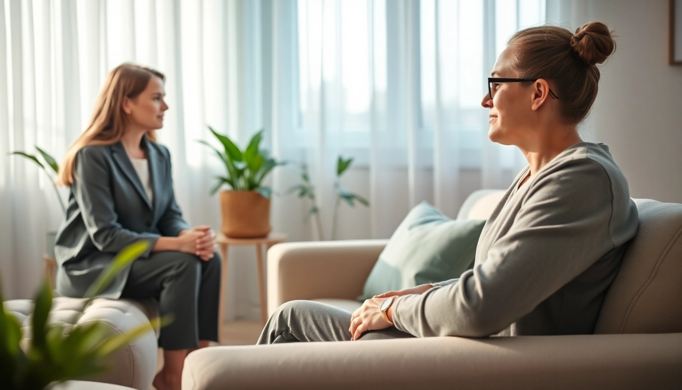 Enhancing emotional wellbeing through a supportive therapy session in a calming office.