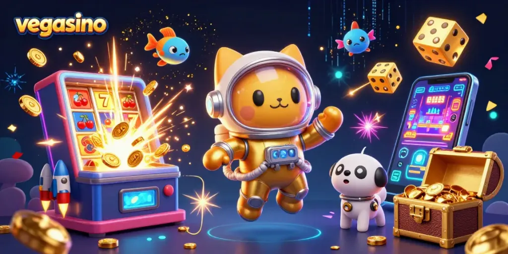 Experience thrilling gameplay at vegasino with a cosmic adventure in a vibrant casino scene.