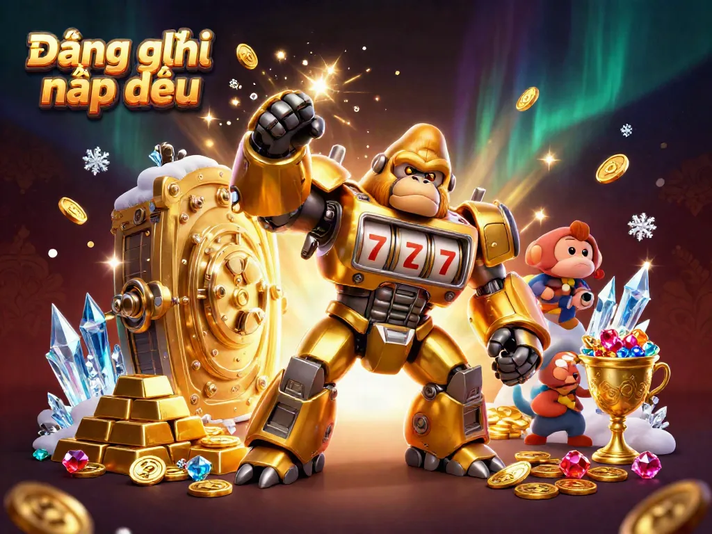 Engage with exciting Đăng ký nạp đầu offers as a golden gorilla mech bursts with coins and treasures.