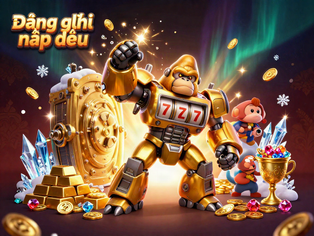 Engage with exciting Đăng ký nạp đầu offers as a golden gorilla mech bursts with coins and treasures.