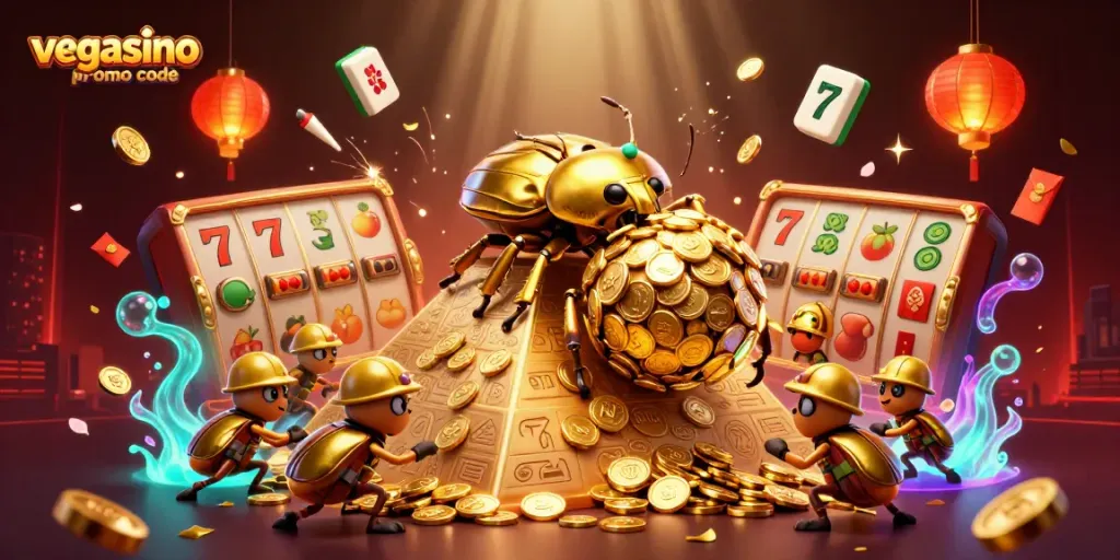 Use the vegasino promo code for exciting bonuses as beetles roll golden coins and slot elements in a vibrant scene.