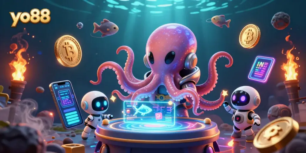 Engage in thrilling fish shooting games with yo88's vibrant alien octopus scene full of colorful elements.