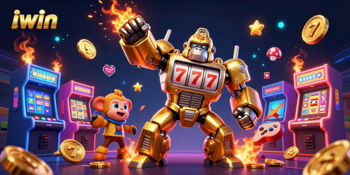 Engage with iwin games as a golden gorilla mech bursts through coins and excitement in a lively casino setting.
