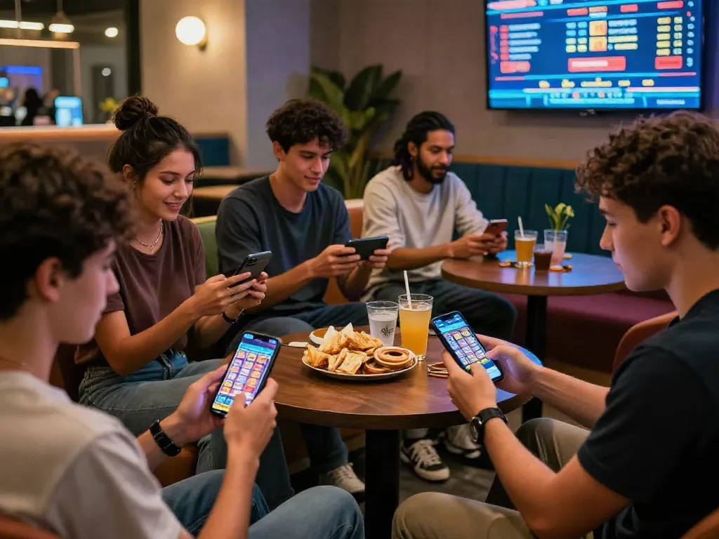 Mobile Casinos für iPhone und Android: Spieler genießen Live-Casino-Spiele in einer lebhaften Lounge.