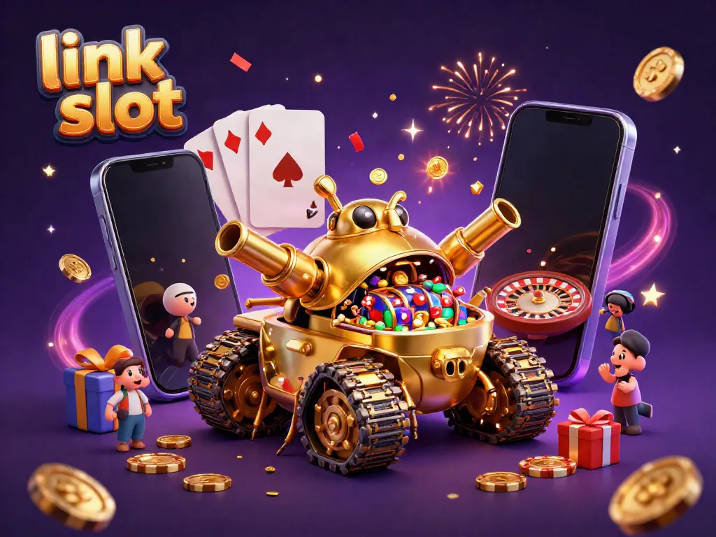Experience link slot excitement inside a vibrant casino-themed beetle tank filled with games and gold.
