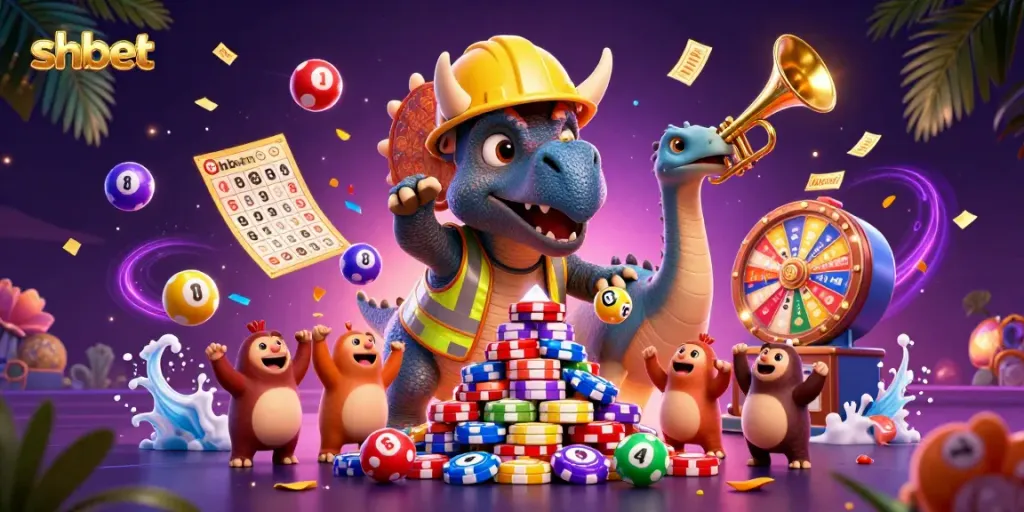 Engage in thrilling gameplay at shbet, featuring a lively 3D casino scene with colorful elements and animated characters.
