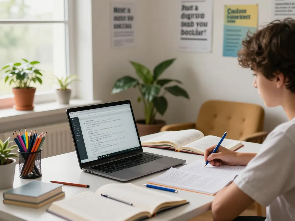 Student nutzt Hausaufgaben Löser Software auf einem Laptop in einem gemütlichen Arbeitszimmer.