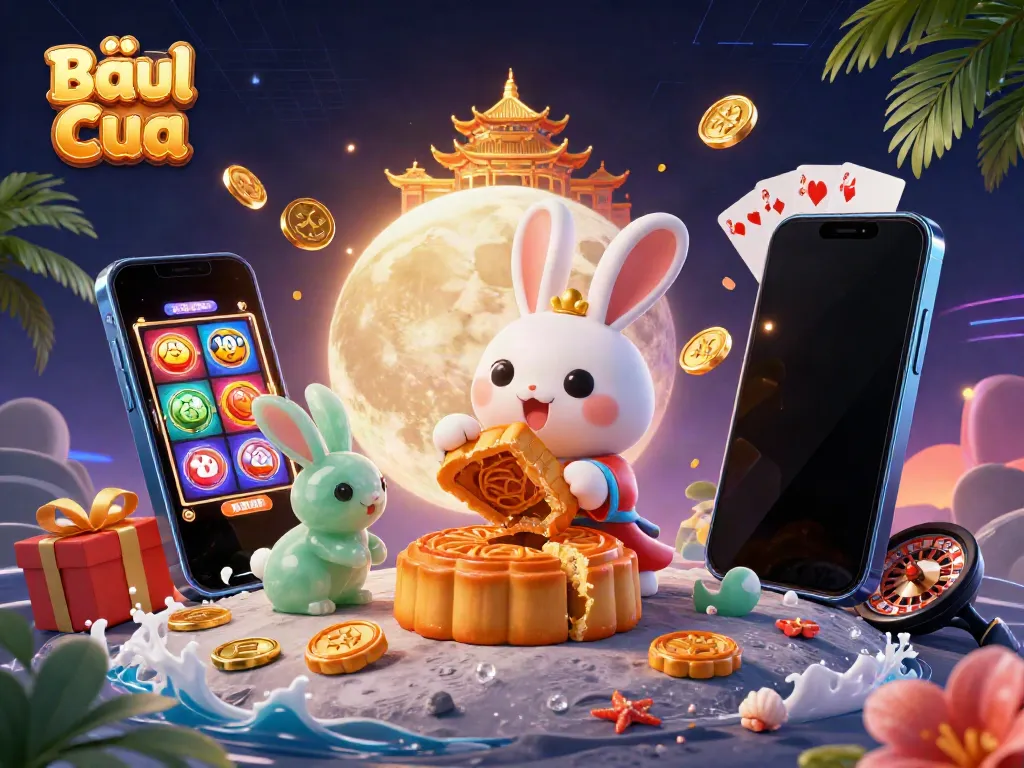 Experience Bầu Cua excitement with a whimsical lunar scene showcasing 3D characters and dynamic casino elements.