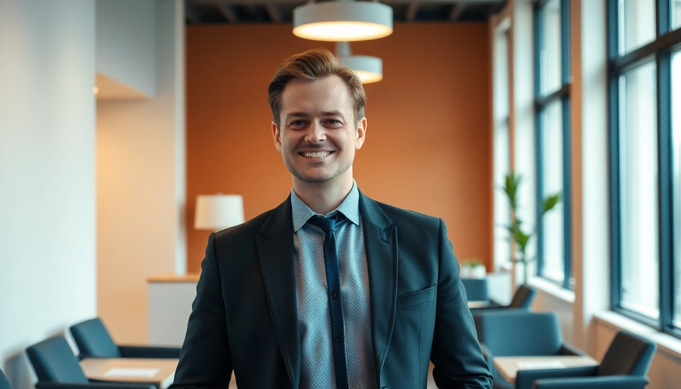 Gestalte Personal Branding für Führungskräfte durch eine authentische Darstellung in einem modernen Büro.