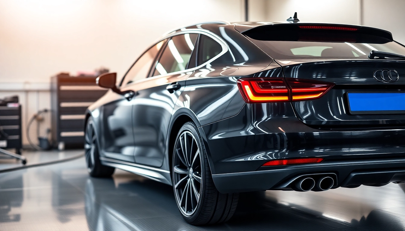 Fachmännische Autopflege Premium München mit glänzendem Fahrzeug in heller Werkstatt.