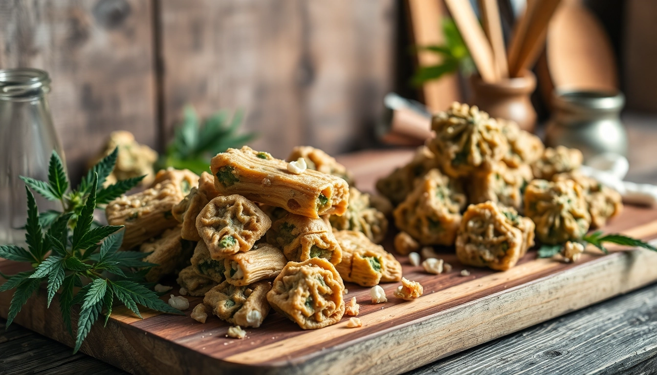 Leckere canabis kekse auf einem Holzbrett, verziert mit frischen Kräutern und Backzubehör.