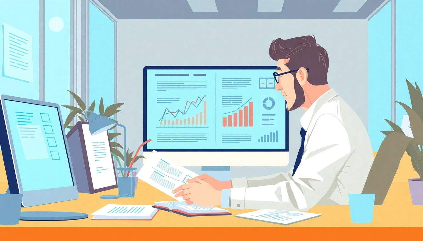 Drafting a gründung ambulanter pflegedienst businessplan in a professional office setting with graphs on the screen.