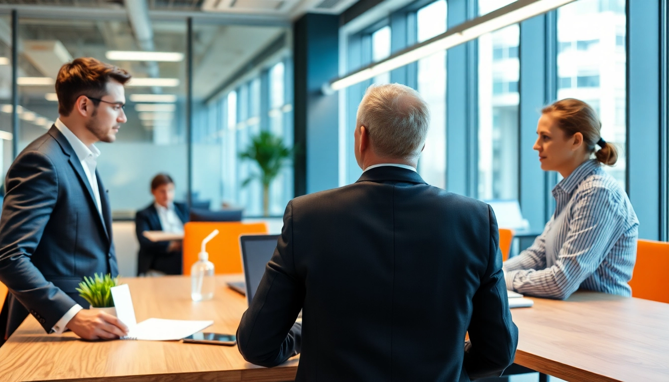 Beratende Unternehmensberater führen eine strategische Diskussion über Unternehmensberatung in einem modernen Büro.