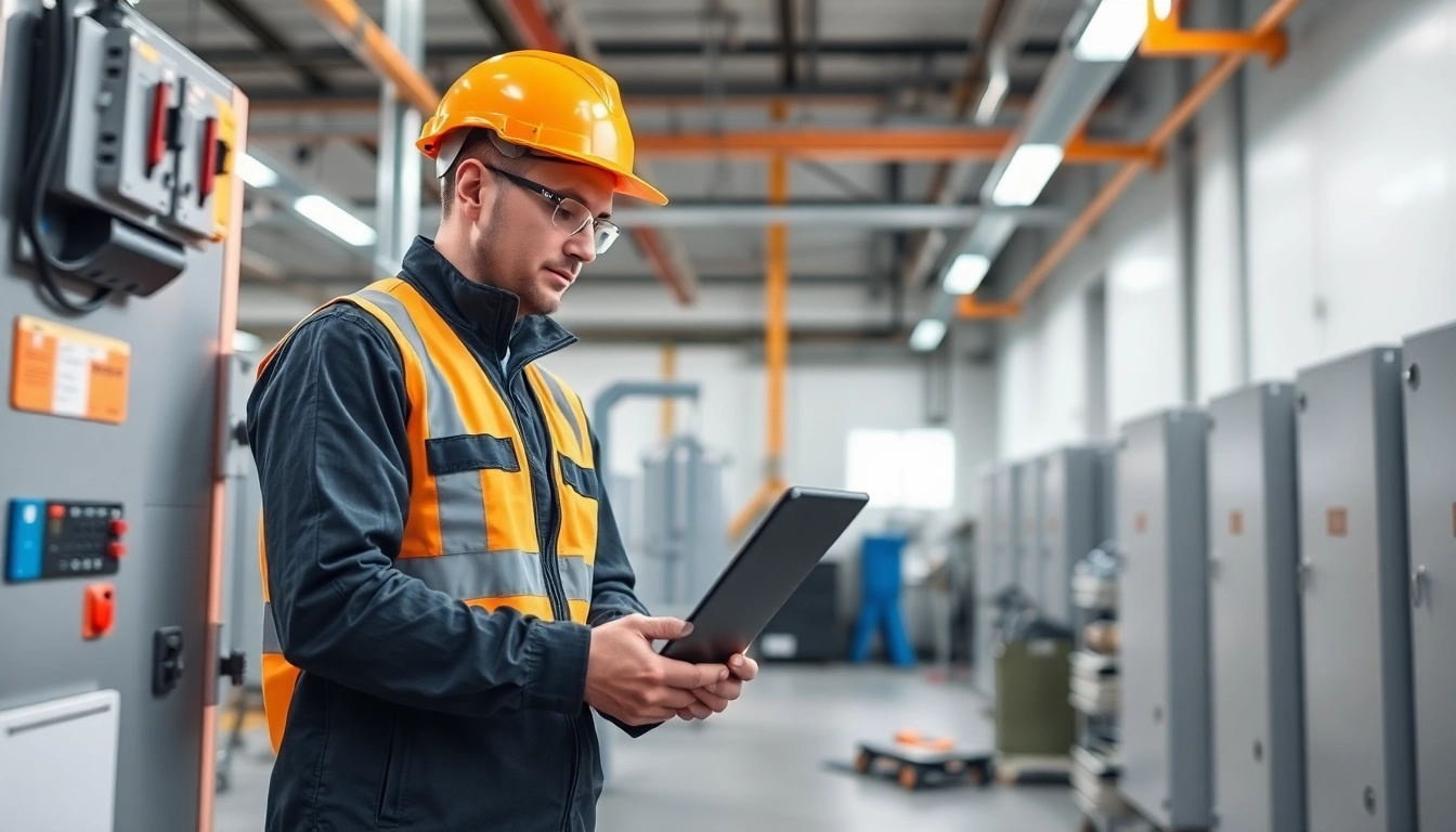Technician conducting a DGUV V3 Prüfung on electrical devices, ensuring workplace safety compliance.