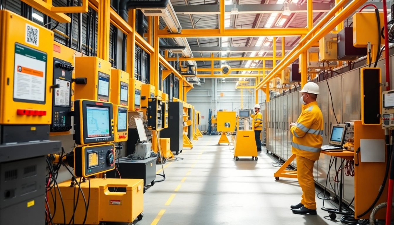 Visual representation of DGUV V3 Prüfung safety checks in an industrial setting with equipment being tested.