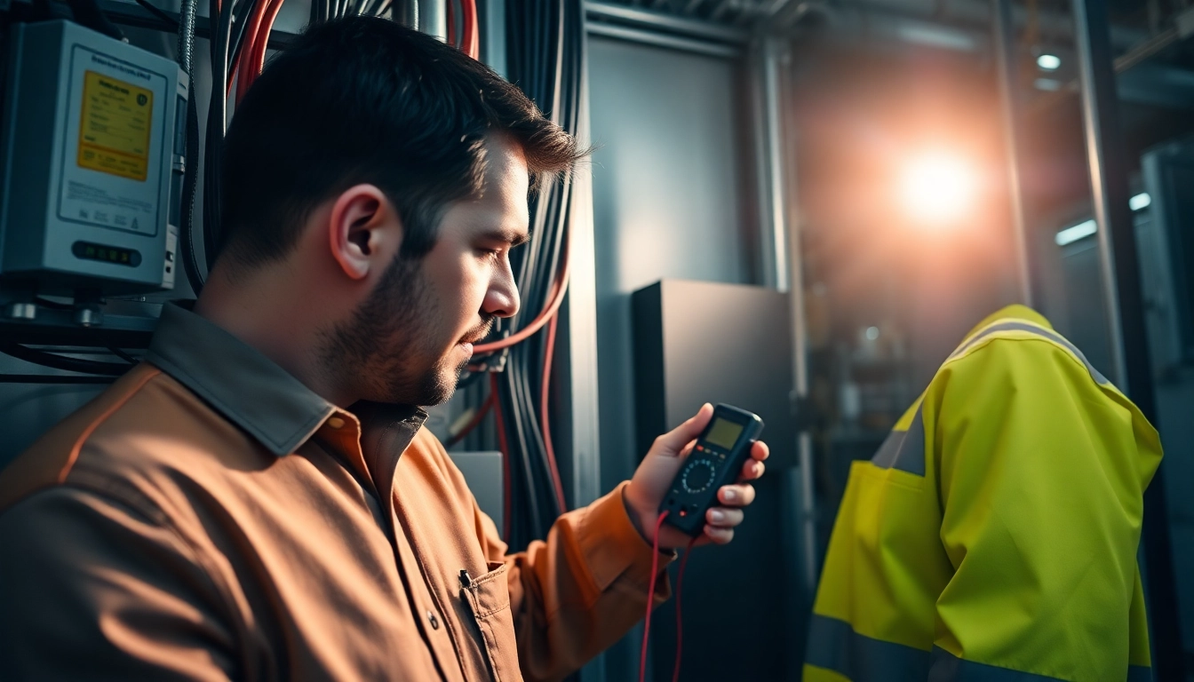 Technician performing a DGUV V3 Prüfung on electrical equipment using a multimeter in a safe industrial setting.