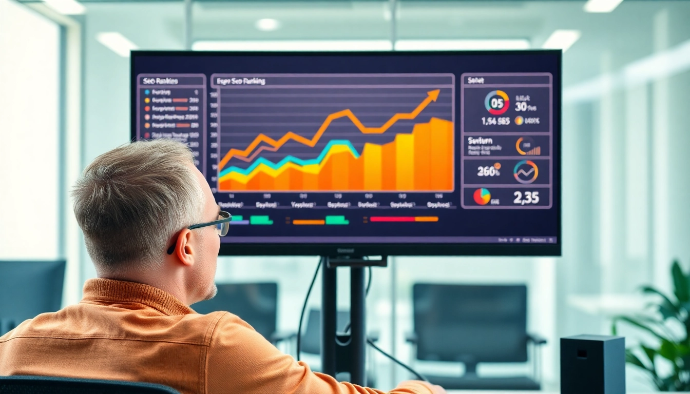 Analysiere SEO-Ranking-Trends während einer Marketingpräsentation auf einem modernen Bildschirm.
