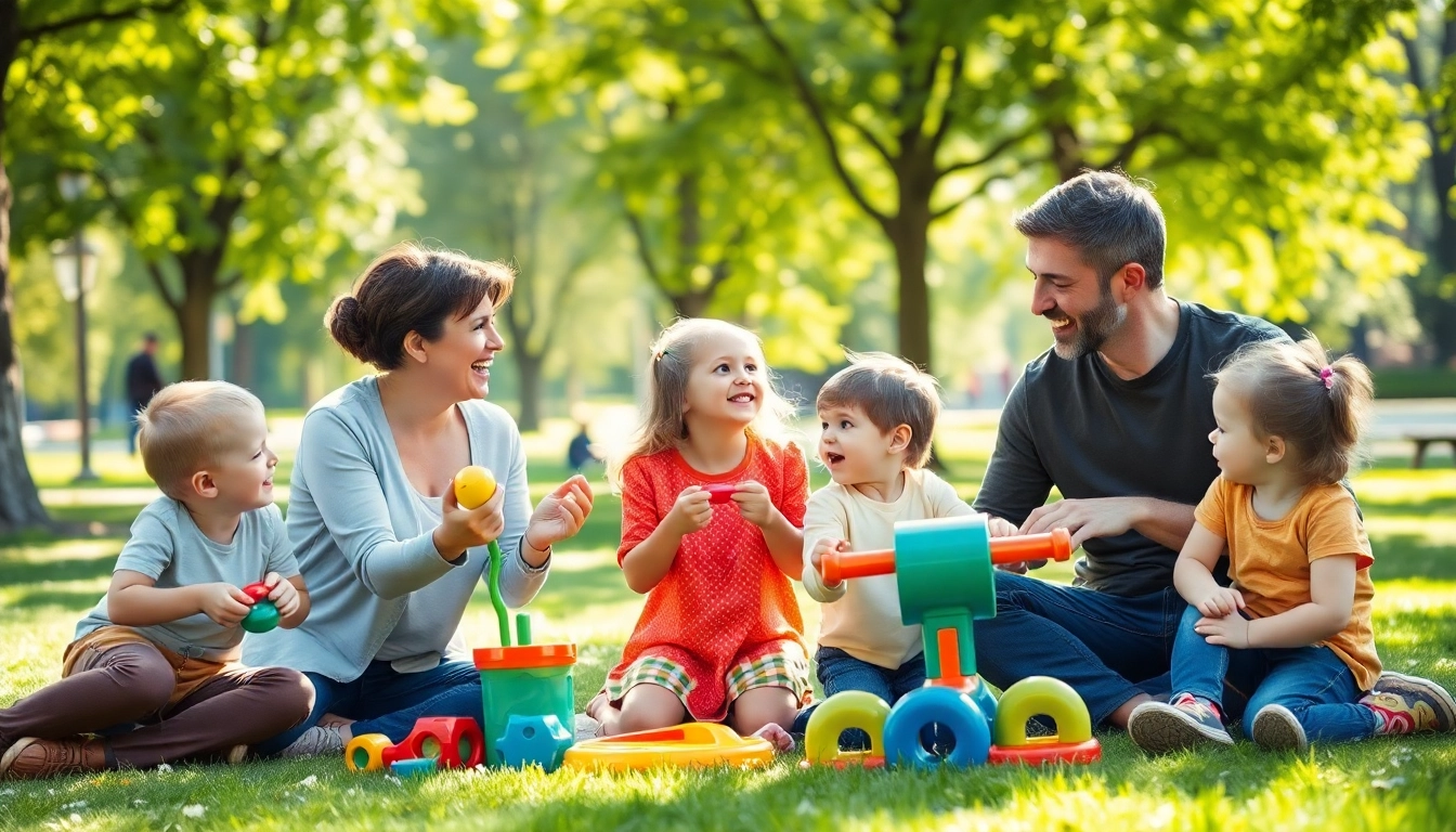 Familie genießt gemeinsame Zeit im Park, ideal für die Kindererziehung durch spielerisches Lernen und Interaktion.