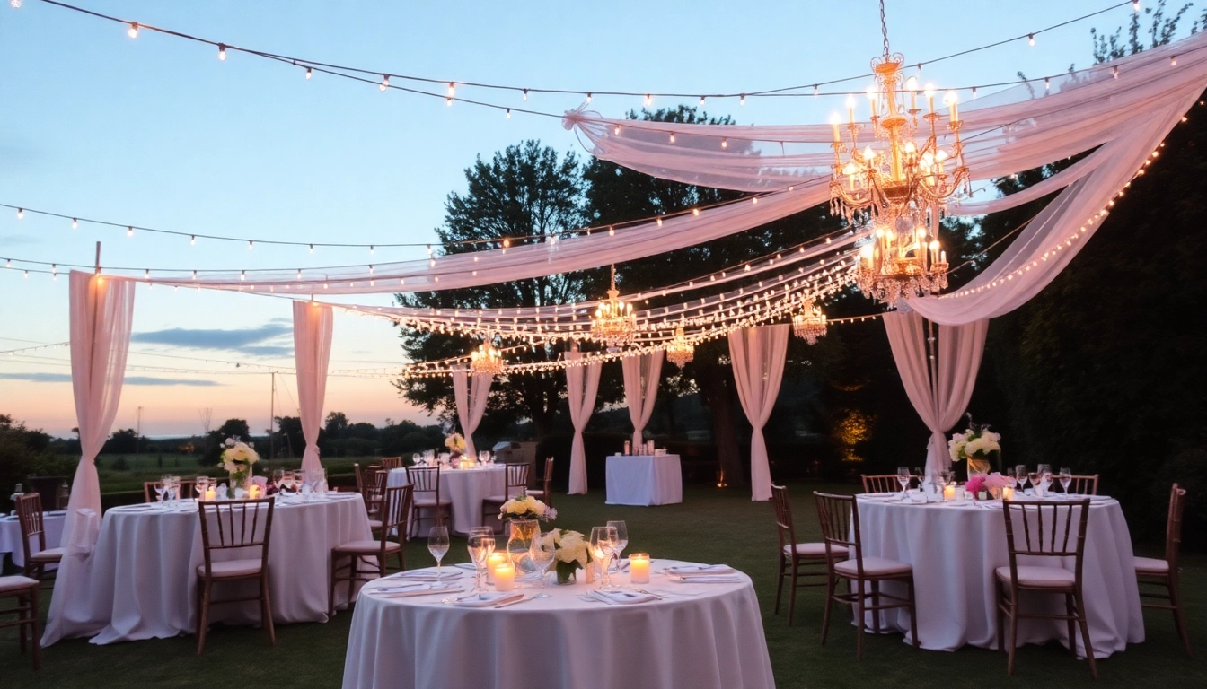 Traumhafte hochzeitslocation im Freien mit romantischer Beleuchtung und elegant gedeckten Tischen in einem festlichen Garten.