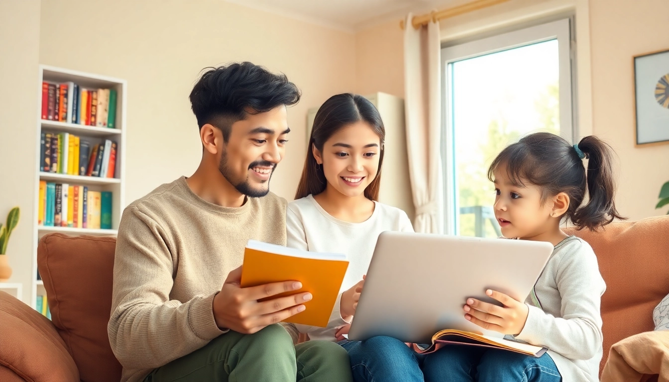 Familie beim Heimunterricht: Kinder lernen gemeinsam unter Anleitung der Eltern und gestalten kreativ ihren Lernraum.