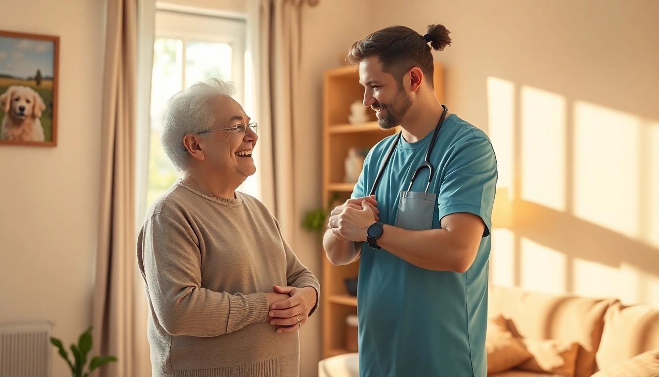 Pflegedienstmitarbeiter unterstützt älteren Menschen, um Sicherheit und Geborgenheit zu bieten.