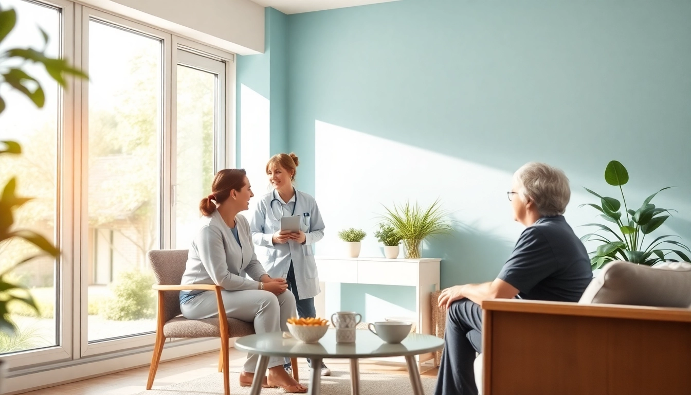 Engaging caregivers discussing marketing für pflegedienste strategies in a welcoming office.